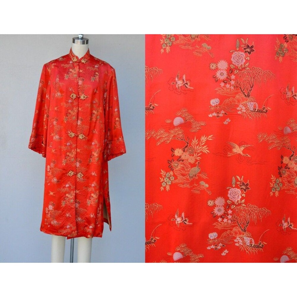 RED Embroidered Duster Coat - Asian Long Duster Kimono Coat S - M